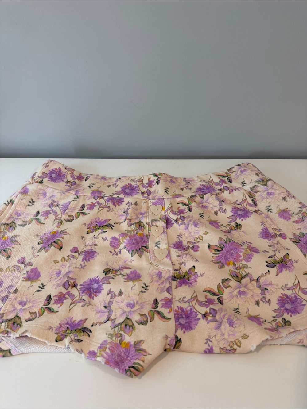 Love Shack Fancy Cream Floral Women’s Shorts with Lavender Print
